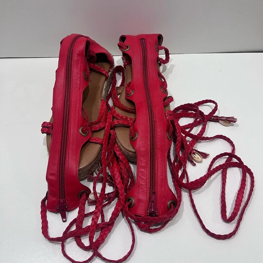 Free People SZ 38 Tall Red Leather Gladiator Lace Up Espidrills Spain Sandals